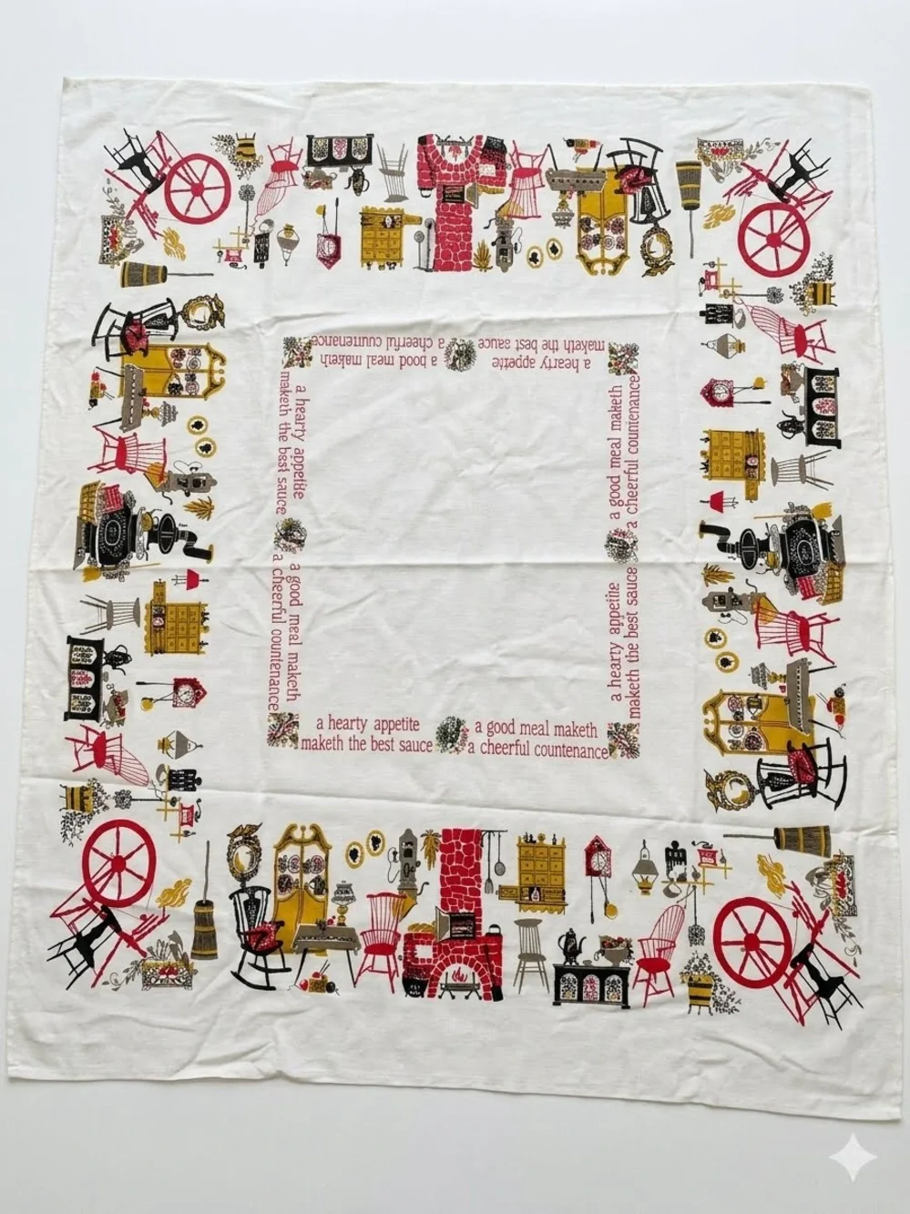 Vintage 50s Kitschy Kitchen Proverb MCM Tablecloth Retro Folk Art Cotton 44x54